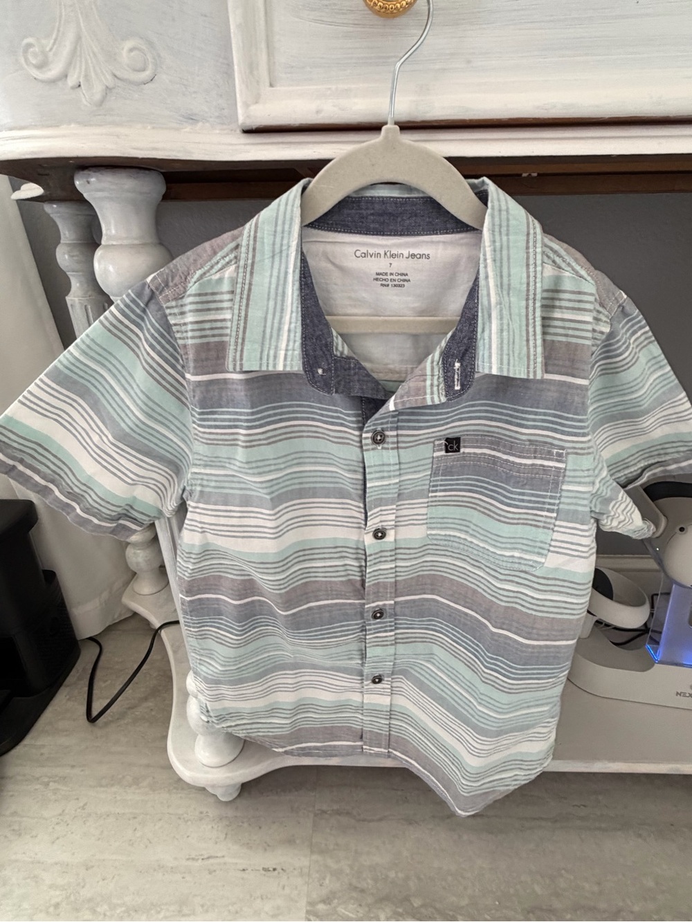 Calvin Klein Striped Button-Down Shirt in Mint and Gray